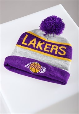 Vintage Lakers Beanie Hat in Purple Knitted NBA Bobble Hat