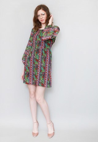 VINTAGE 1960'S GREEN & PURPLE FLORAL FOLK MINI DRESS