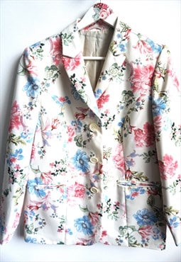 Vintage Romantic Floral Blazer, White with Peonies, 