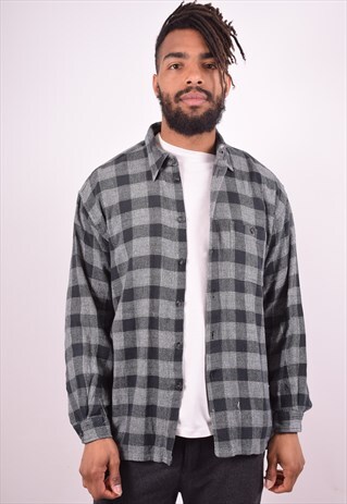MENS VINTAGE FLANNEL SHIRT XL NAVY BLUE CHECK 90S
