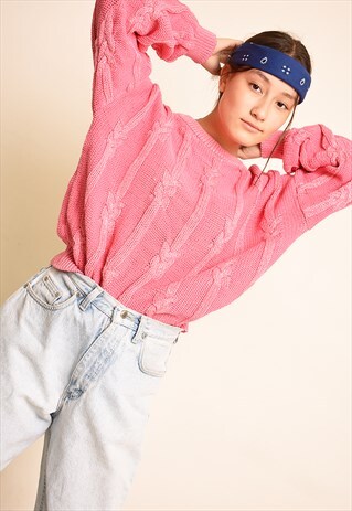 VINTAGE 80'S RETRO BABY PINK SLOUCHY KNIT JUMPER