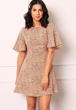 DALMATIAN PRINT FIT & FLARE MINI DRESS SHORT ANGEL SLEEVE