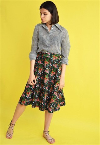 70'S HIPPIE FLORAL ABSTRACT PRINT MIDI A LINE SKIRT