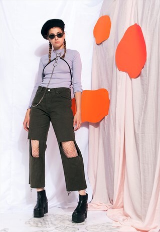 VINTAGE CROPPED JEANS 90S REWORKED CUT OUT DENIM TROUSERS