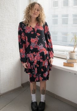 Vintage Black/Pink Floral Print Long Sleeved Midi Dress