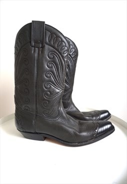 Vintage Black Genuine Leather Cowboy Western Boots Shoes