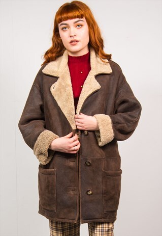 VINTAGE 90'S BROWN SUEDE SHEARLING JACKET COAT