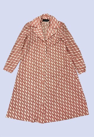 WHITE ORANGE 60S SWING RETRO COLLARED BELTED SHIRT DRESS