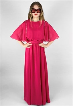 70's Vintage Pink Fluted Sleeve Ladies Maxi Sequin Dress