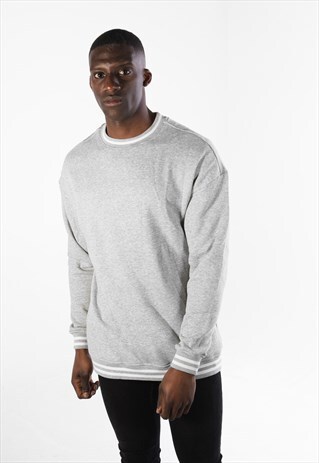 STRIPE CUFF JUMPER SWEATER PULLOVER - HEATHER GREY/WHITE