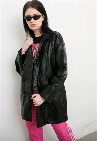 VINTAGE GENUINE LEATHER COAT BLACK DOUBLE BREASTED 80S
