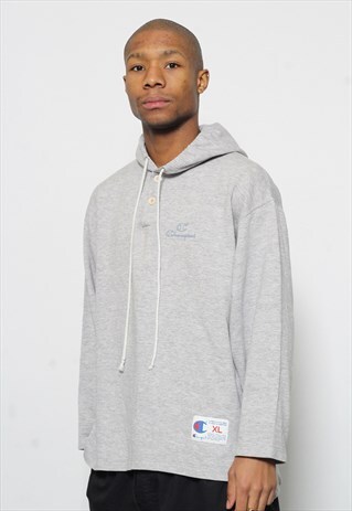 VINTAGE CHAMPION BUTTON UP LOGO HOODIE GREY