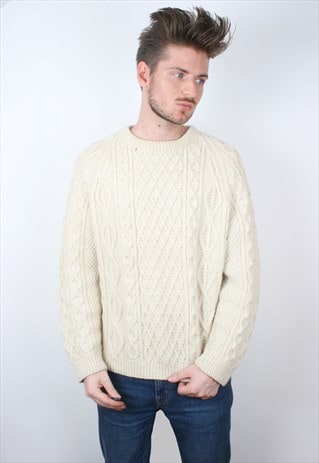 VINTAGE CHUNKY KNIT BEIGE ARAN WOOLLEN JUMPER