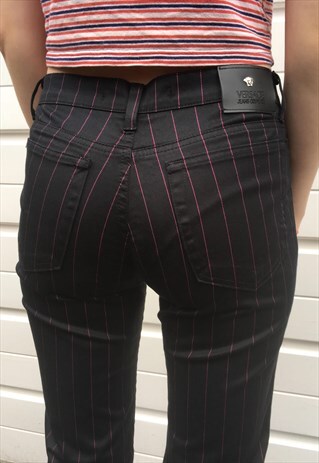 WOMENS VINTAGE 90S VERSACE JEANS BLACK PINSTRIPE TROUSERS