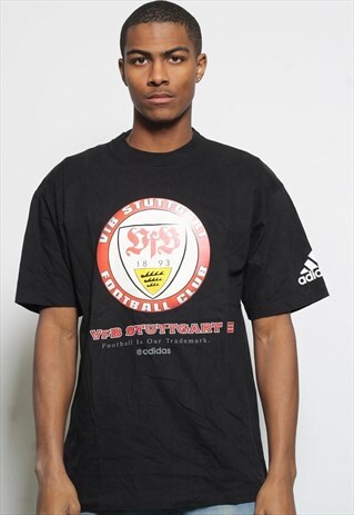 VINTAGE ADIDAS LOGO STUTTGART PRINT FOOTBALL T-SHIRT BLACK