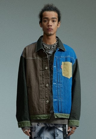 Patchwork denim jacket reworked jean bomber utility coat