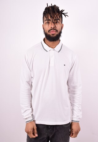 CHAMPION MENS VNTAGE POLO SHIRT LONG SLEEVE LARGE WHITE 90'S