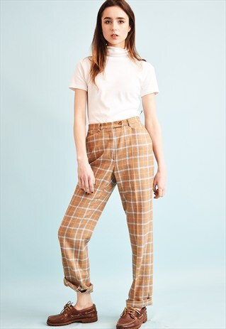 80'S CLASSY OVERSIZED HIGHWAISTED TARTAN WOOLEN TROUSERS