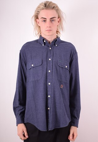 TOMMY HILFIGER MENS VINTAGE FLANNEL SHIRT MEDIUM NAVY 90S
