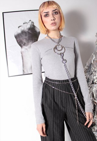 90S VINTAGE GRUNGE BENETTON LOGO GREY LONG SWEATSHIRT TOP