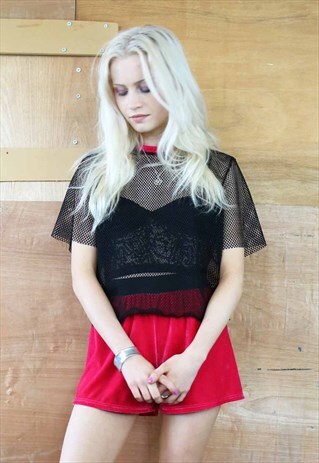 HOT PINK VELVET SHORTS & FISHNET TOP CO-ORDINATES