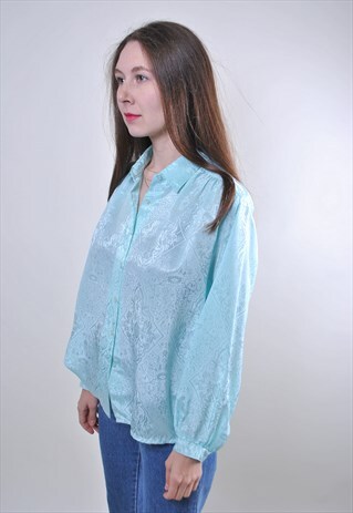 RETRO WOMAN FLORAL BLUE EVENING SUIT BLOUSE, SIZE L