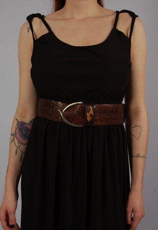 VINTAGE 80S BROWN CROCODILE PATTERNED LEATHER BELT