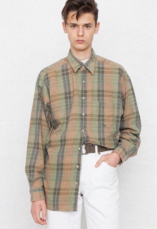 VINTAGE GREEN BROWN CAMEL FLANNEL LONG SLEEVE SHIRT