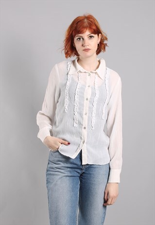 VINTAGE 90S CREAM SHEER TEXTURED RUFFLE BLOUSE