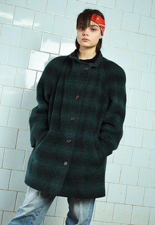 VINTAGE 80S GREEN CHECKED OVERSIZED MINIMALIST WINTER COAT