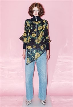 Vintage Y2K floral asymmetric blouse top in black & yellow