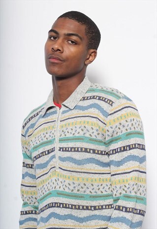 VINTAGE MISSONI BUTTON UP PATTERN POLO NECK JUMPER GREY BLUE