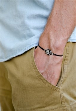 Lotus bracelet, men's bracelet with silver Lotus, black cord