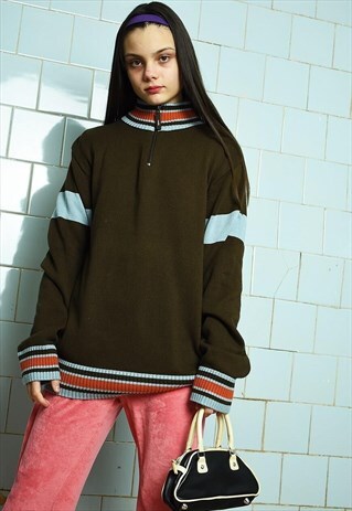 VINTAGE Y2K ROLL NECK KNIT 1/4 ZIP BROWN JUMPER PULLOVER