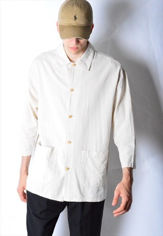 VINTAGE 60S BEIGE LINEN BLEND 3/4 SLEEVE WORK WEAR SHIRT