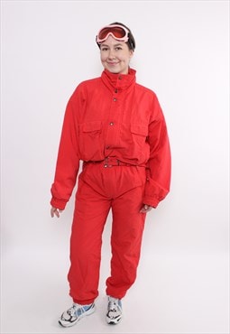 90s one piece ski suit in red, vintage woman snowsuit