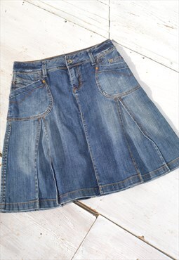 Vintage blue pleated midi denim skirt