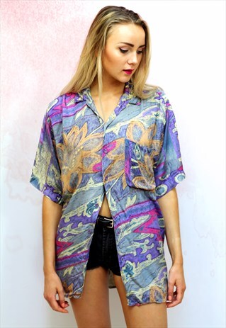 1990S VINTAGE PURPLE PATTERN OVERSIZED VISCOSE SHIRT