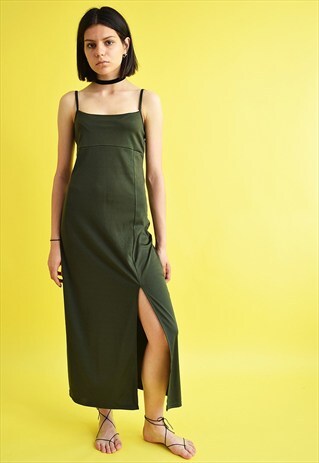 VINTAGE 90'S RETRO SIDE SPLIT LYCRA OLIVE GREEN MAXI DRESS