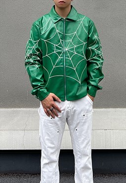 Green Faux leather Embroidered Spider Baseball jacket 