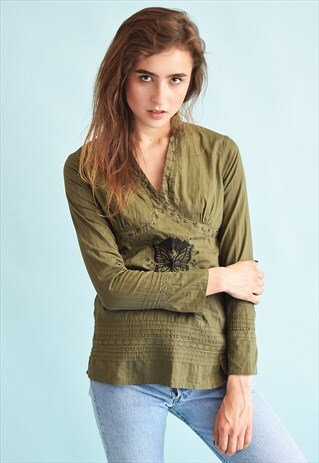 Y2K RETRO BOHO FESTIVAL KHAKI BLOUSE TOP