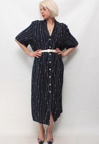 VINTAGE 80' BEAUTIFUL AMAZING LONG NAVY BLUE DRESS WITH BELT