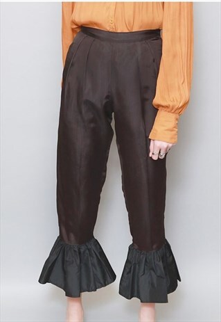 VINTAGE 1980'S BLACK SILKY RUFFLE BOTTOM TROUSERS