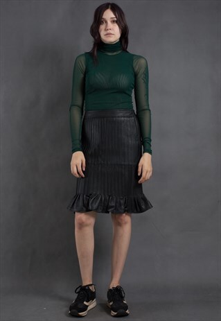 REAL LEATHER BLACK PENCIL MINI SKIRT WITH PLEATS AND FRILLS