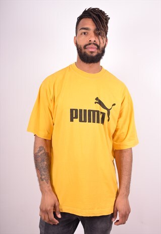 PUMA MENS VINTAGE T-SHIRT TOP LARGE YELLOW 90S
