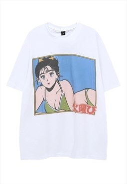 Anime girl print t-shirt Manga tee Japanese retro top white