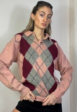 Vintage Y2k Argyle Knitted Wool Jumper SweaterPreppy