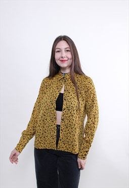 Vintage leopard blouse, funky yellow bright button up blouse