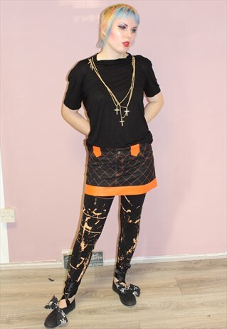 90S VINTAGE LUELLA BLACK COTTON ORANGE LEATHER MINI SKIRT