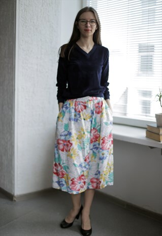 VINTAGE 80'S MIDI MULTICOLOR FLOWER PRINT BUTTONS UP SKIRT